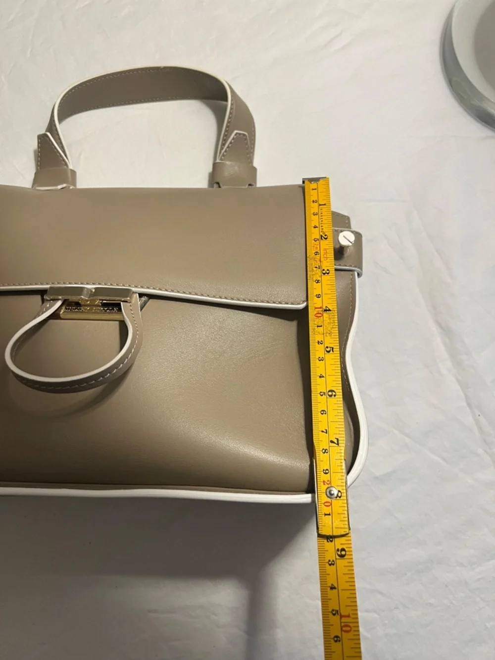 Neutral Gray Structured Satchel with Top Handle and Detachable Strap